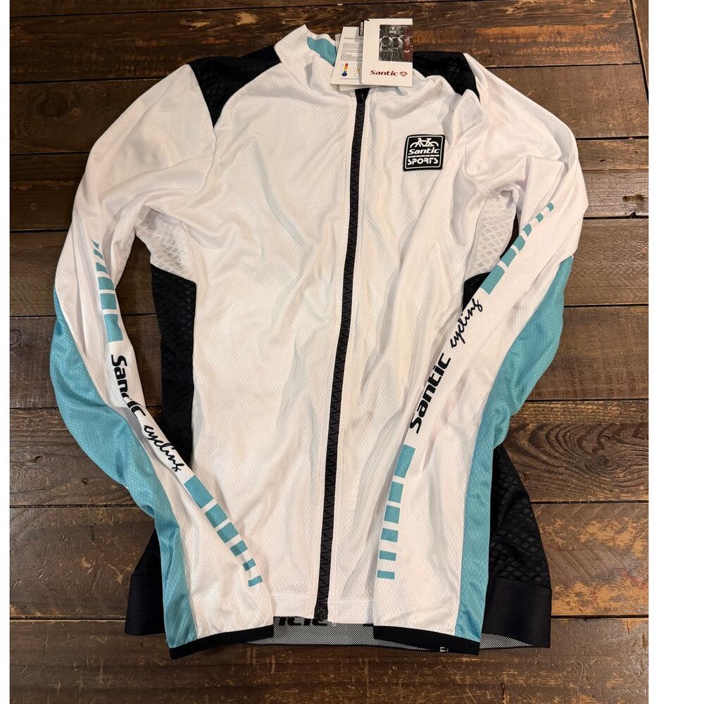 Santic Cycling Long Sleeve Jersey Men M White Teal Full Zip NWT